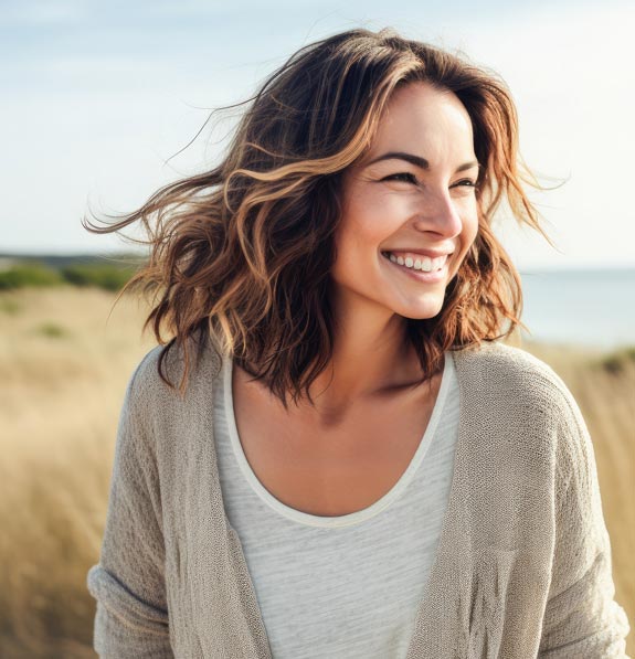 Woman laughing with her hair blowing in the wind