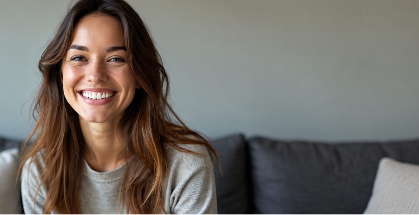 Smiling woman with glasses and curly hair